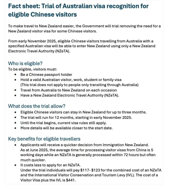 新西兰自2025年11月起对中国公民实行两项签证便利新政策